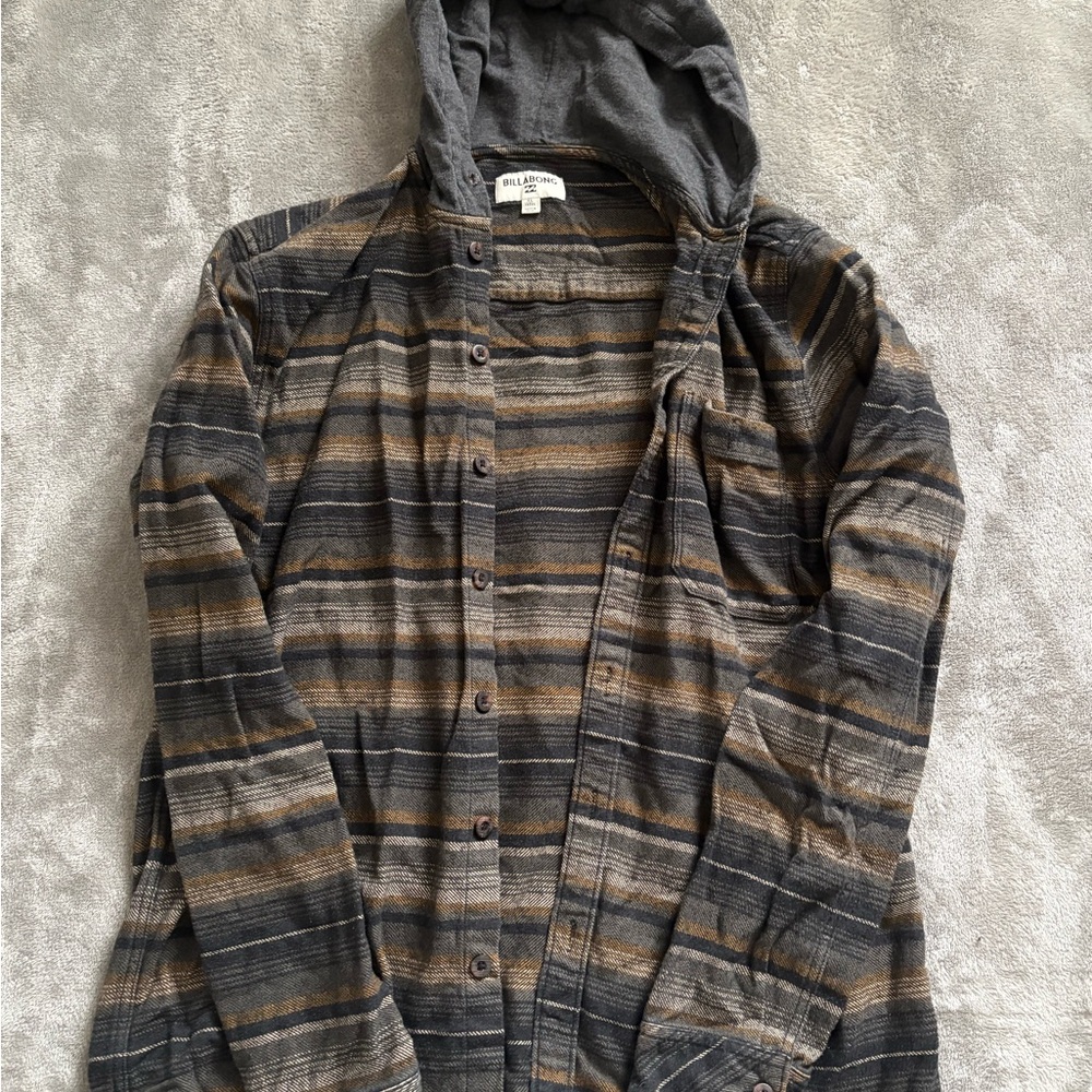 Billabong Gray and Brown Plaid Hooded Jacket